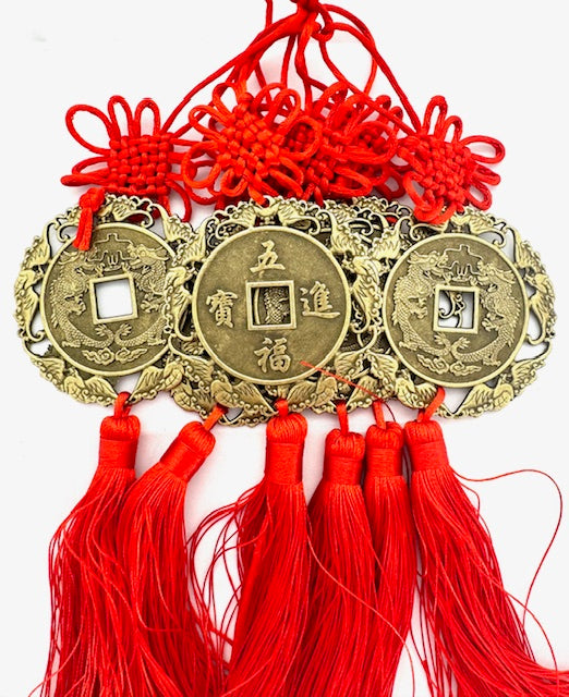 Feng-Shui-Glücksmünzen-Wandbehang mit Drachenmotiv und roten Quasten – 6er-Set