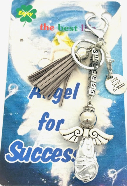 Grau "SUCCESS" Angel Schlüsselanhänger mit Quaste