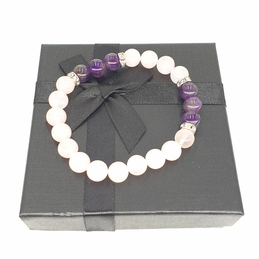 8mm Armband met Cadeaudoos - Rozenkwarts en Diamant