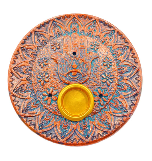 Bronzer Hamsa Hand-Räucherhalter für Stäbchen &amp; Kegel