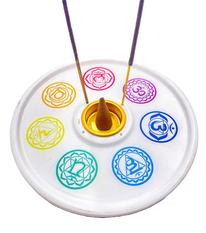 Runder Räuchergefäß mit 7 Chakras, weiß