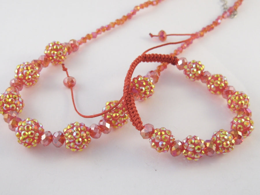 Imitation Shamballa Armband &amp; Kette Set rot