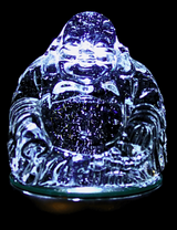Kristallglas Happy-Buddha mit Yuni-Goldbarren - 8,5 cm