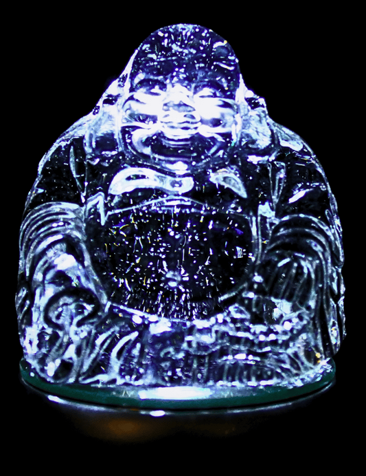 Kristallglas Happy-Buddha mit Yuni-Goldbarren - 8,5 cm