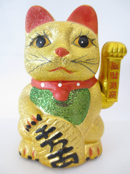 Glitzernde Glückskatze Gold mit beweglichem Arm (groß)