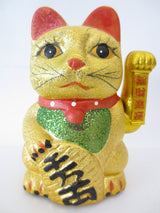 Glücksbringer-Glitzerkatze Gold mit beweglichem Arm (klein)
