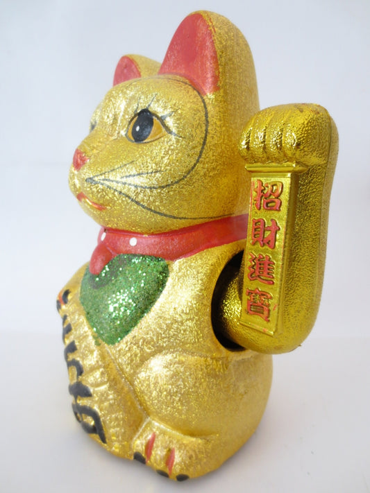 Glücksbringer-Glitzerkatze Gold mit beweglichem Arm (Mittel)