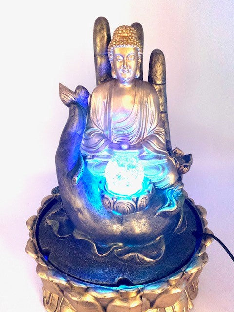 Meditations-LED-Beleuchtung Goldener Buddha auf Handbrunnen Groß (17041)