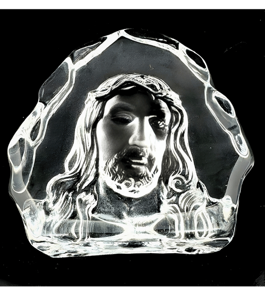 Flacher Jesuskopf aus Kristallglas – 11 cm