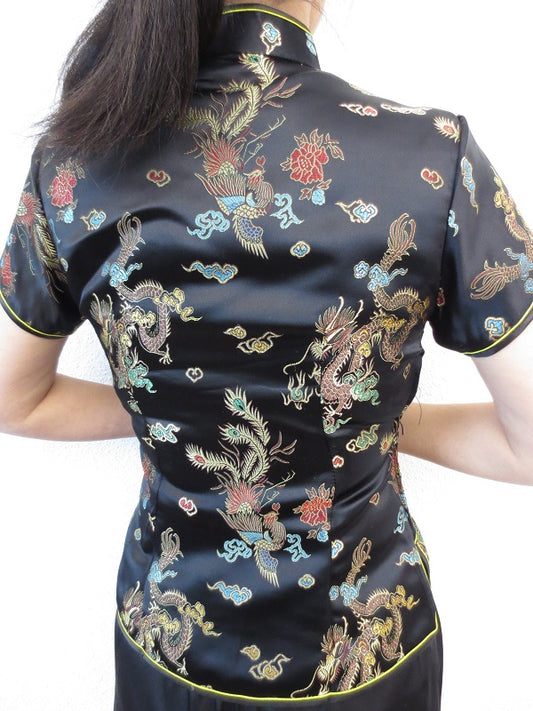 Shanghai bluse drache/phoenix schwarz/gold