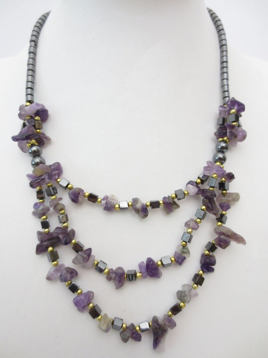 Stenen und Hämatitketting Amethyst 3 Lagen