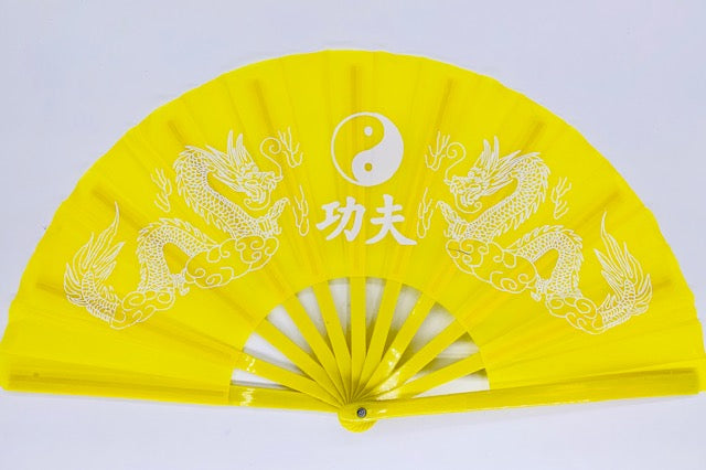 Tai Chi Fcher gelb mit Drachen und Ying Yang