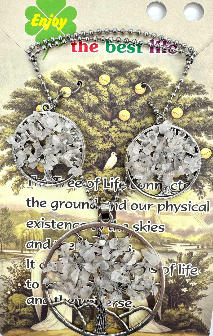 Tree of Life Halskette und Ohrring - Rosenquarz