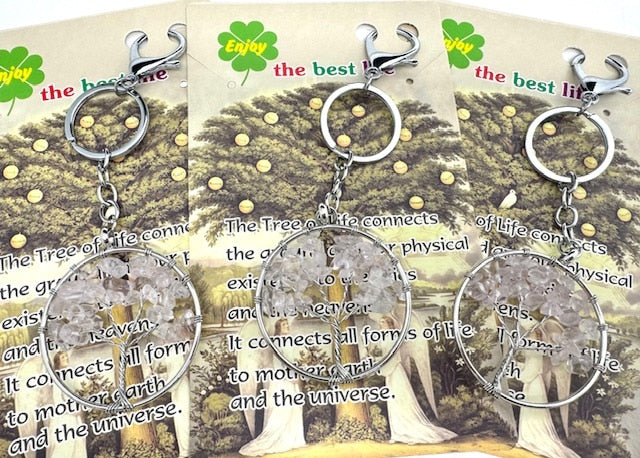 Lebensbaum-Schlüsselanhänger mit Bergkristall-Edelsteinen