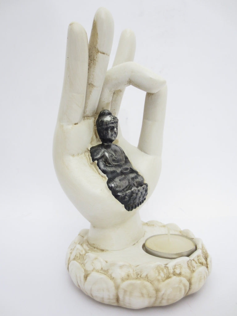 Räucherstäbchen-/Kerzenhalter mit weißer Buddha-Hand