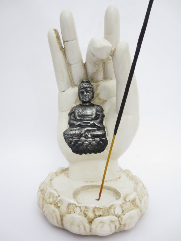 Räucherstäbchen-/Kerzenhalter mit weißer Buddha-Hand