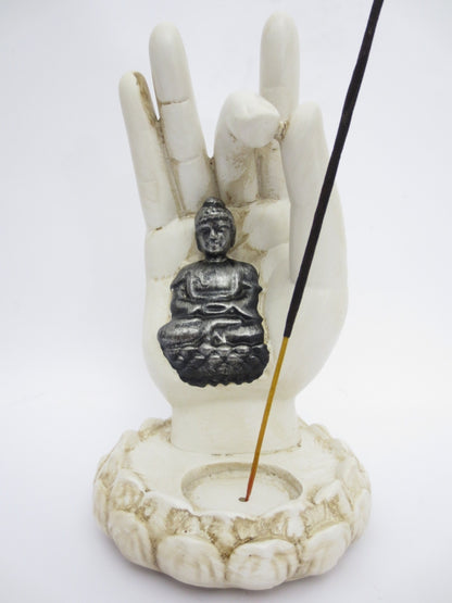 Räucherstäbchen-/Kerzenhalter mit weißer Buddha-Hand