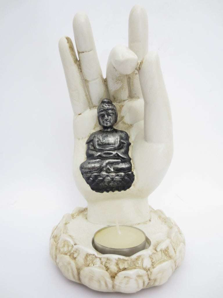 Räucherstäbchen-/Kerzenhalter mit weißer Buddha-Hand