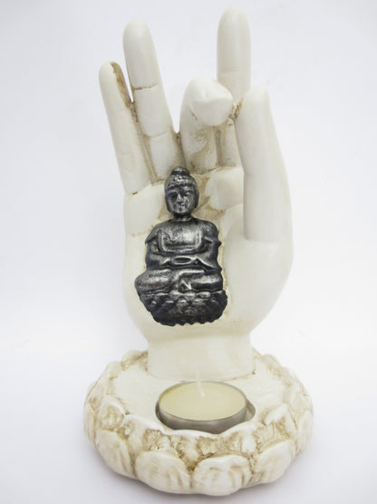 Räucherstäbchen-/Kerzenhalter mit weißer Buddha-Hand