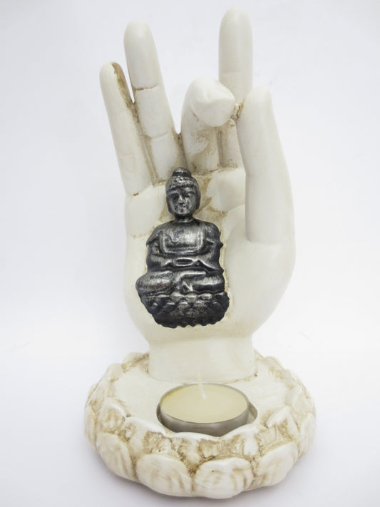 Räucherstäbchen-/Kerzenhalter mit weißer Buddha-Hand